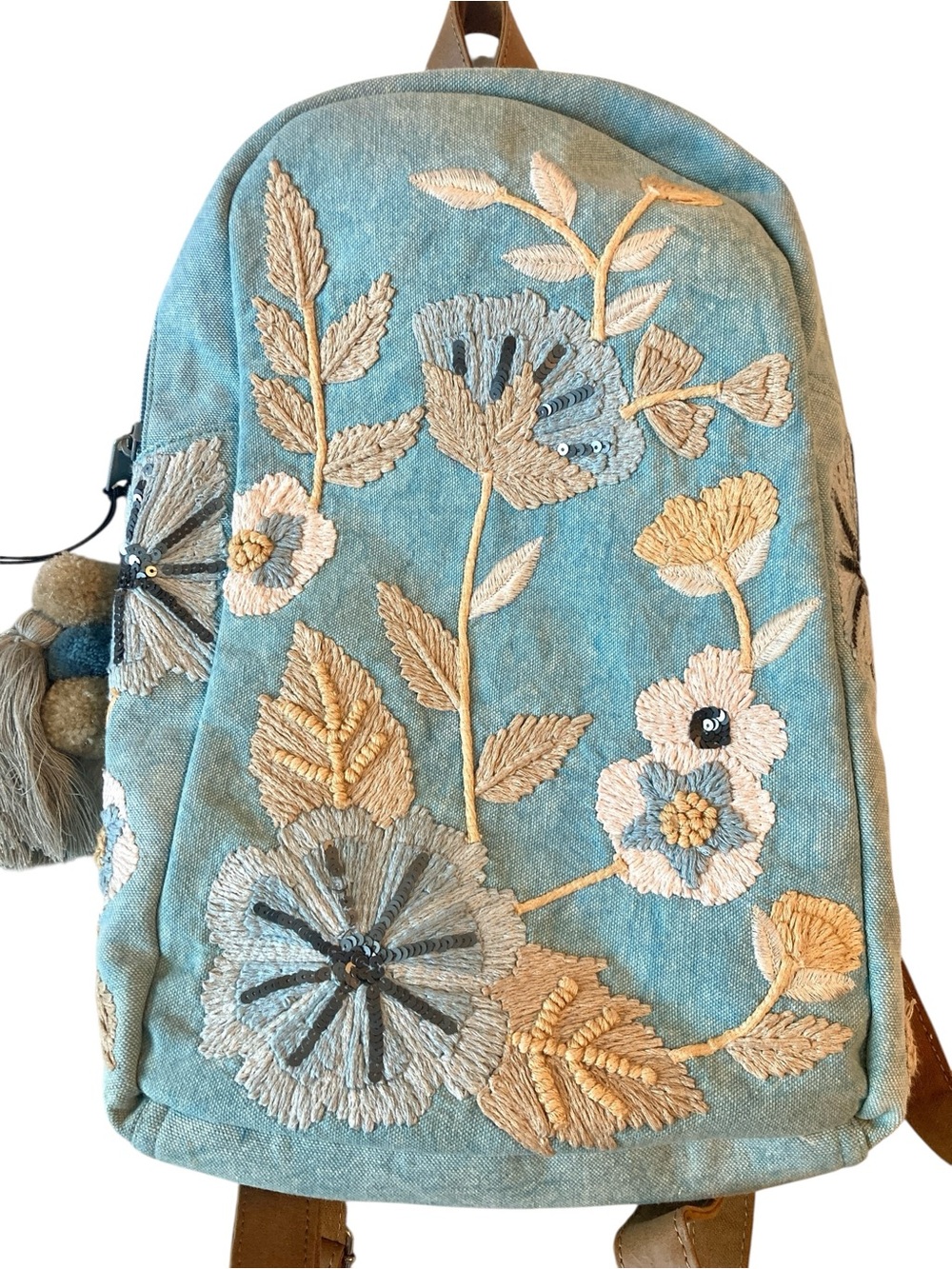 CROSSTREE LANE Embroidered Floral embroidered sequined chambray  Blue Backpack - Picture 4 of 10